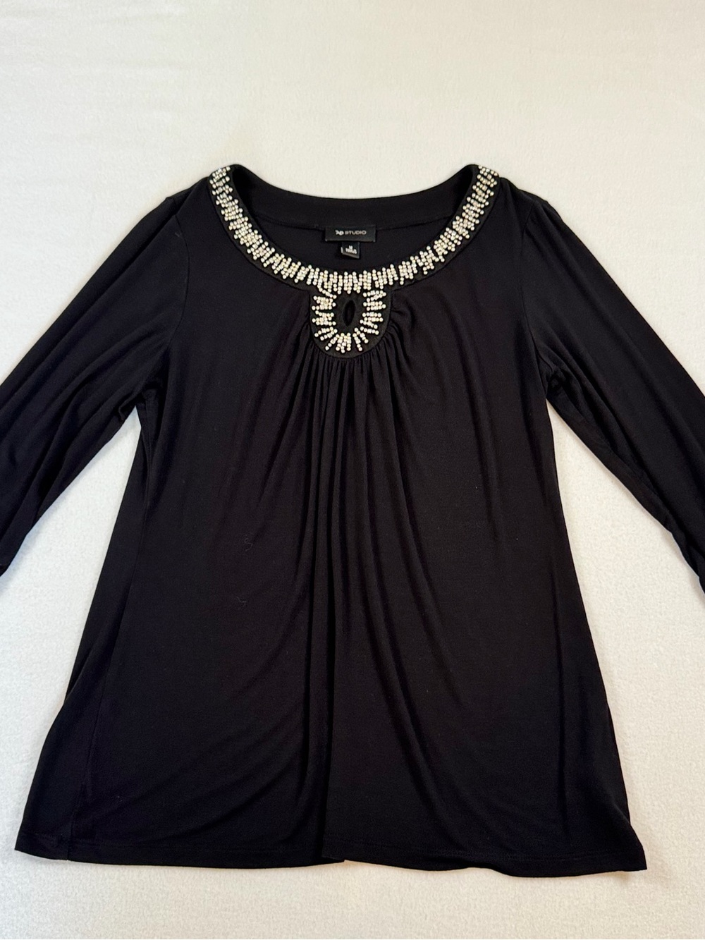 AB Studio Women Black Long Sleeve Embellished Keyhole Neck Top Size M